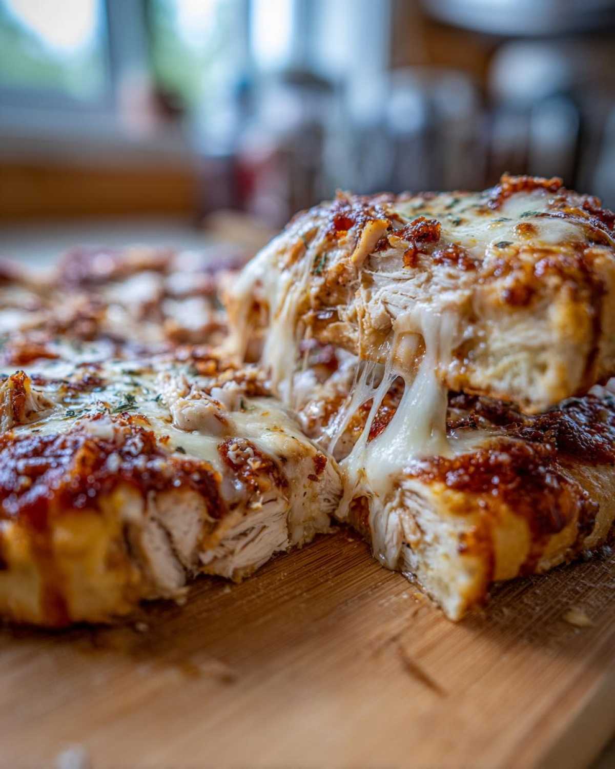 Close-up of a slice of High-Protein Chicken Parm Pizza being lifted, showing melted cheese stretching between the pieces.