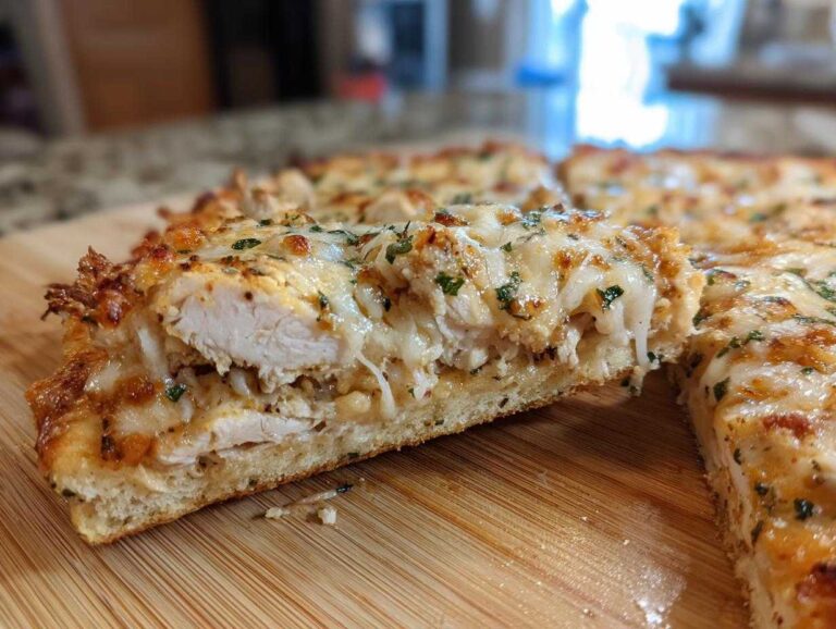 Cross-section view of a slice of High-Protein Chicken Parm Pizza showing thick layers of white chicken breast and melted mozzarella cheese.