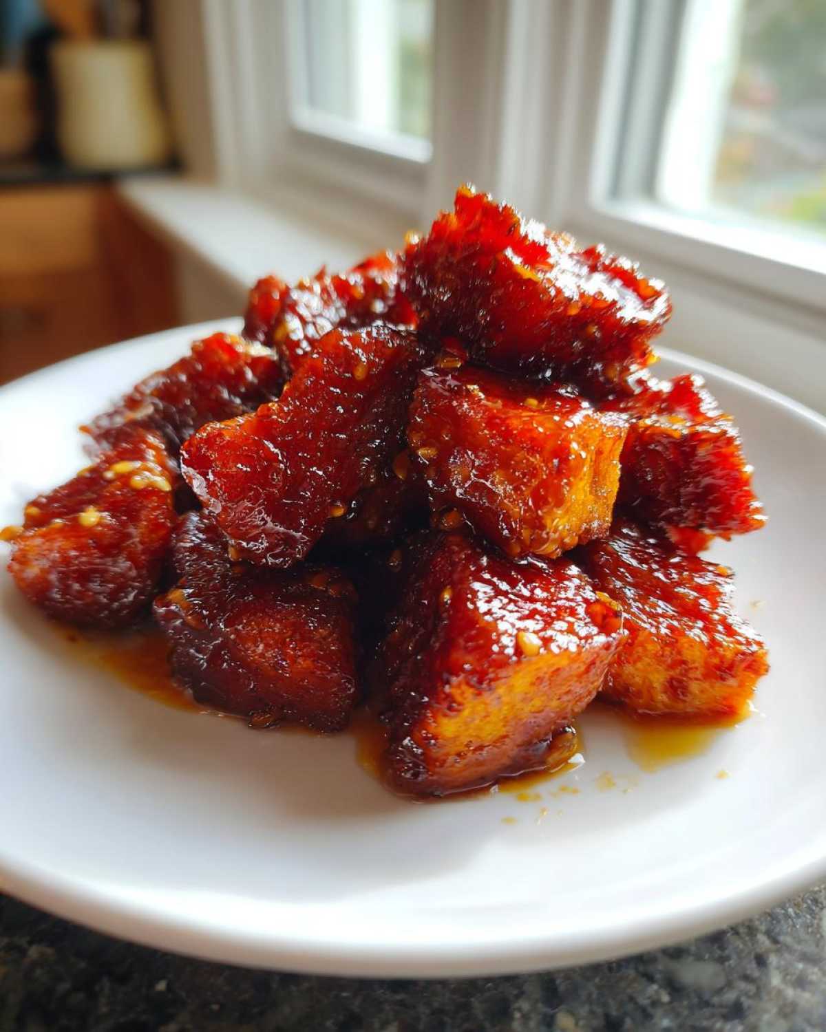 Close-up of glistening, caramelized cubes of Hot Honey Melting Sweet Potatoes piled on a white plate.