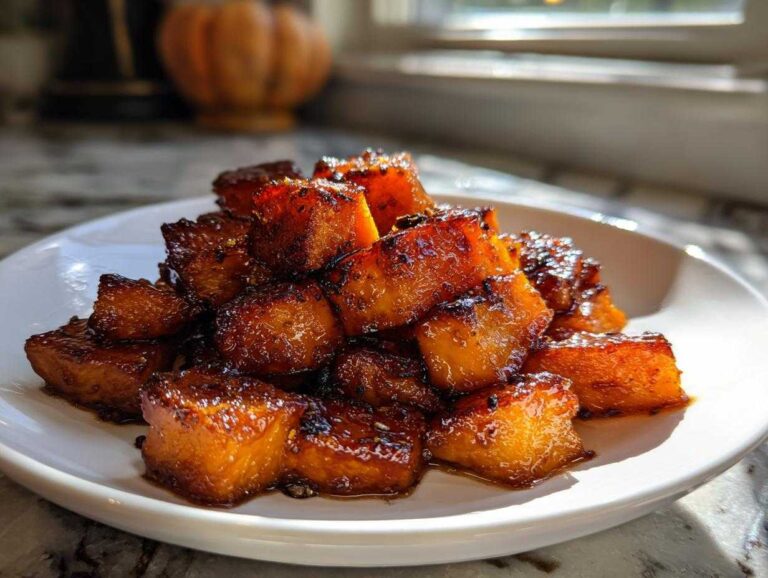 Close-up of caramelized Hot Honey Melting Sweet Potatoes cubes piled high on a white plate.