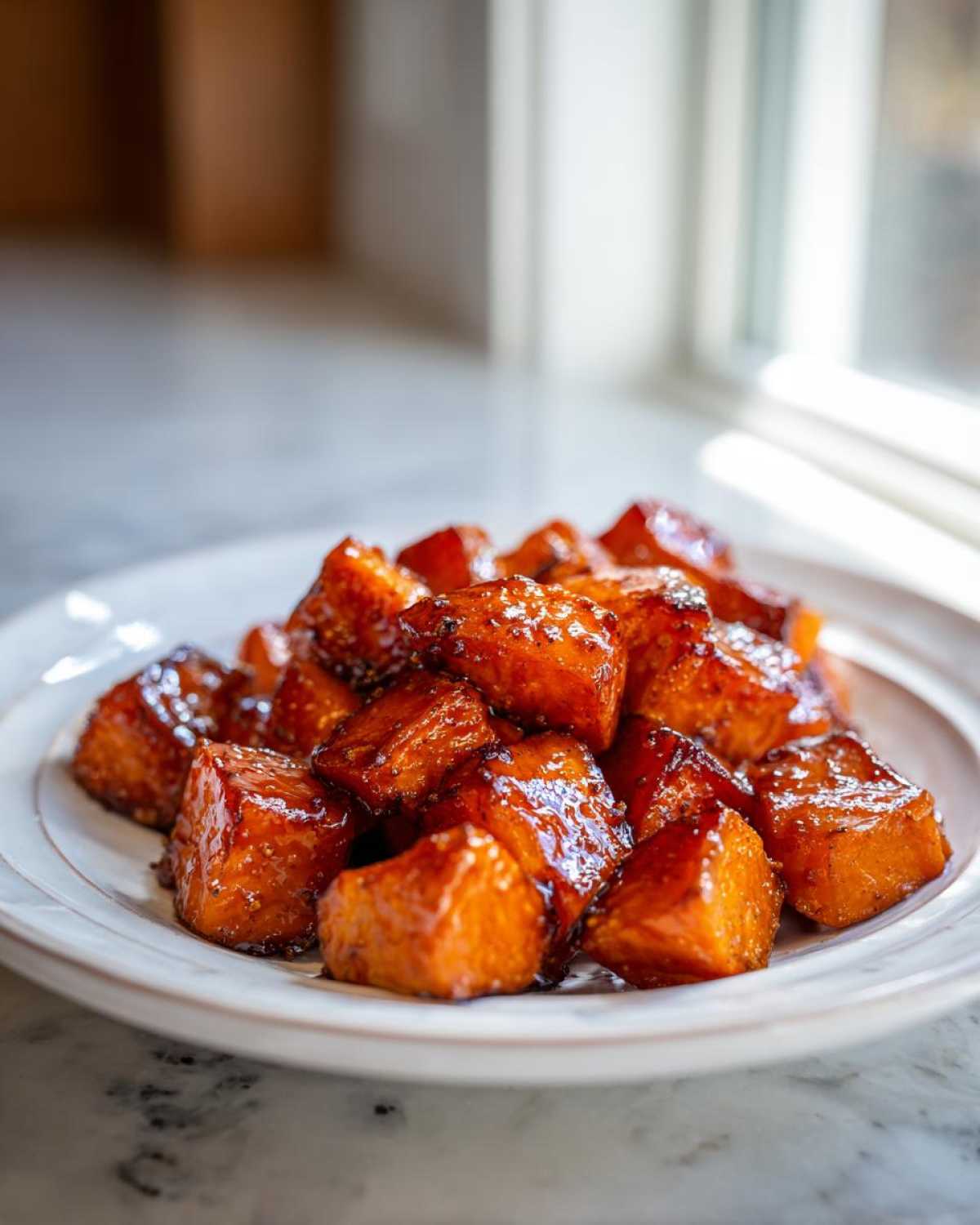 Close-up of glistening, cubed Hot Honey Melting Sweet Potatoes piled on a white plate near a window.