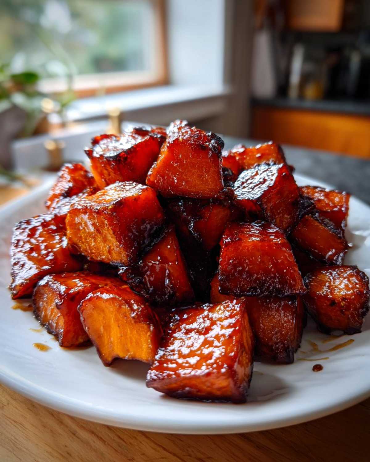 A pile of glossy, caramelized Hot Honey Melting Sweet Potatoes served on a white plate.