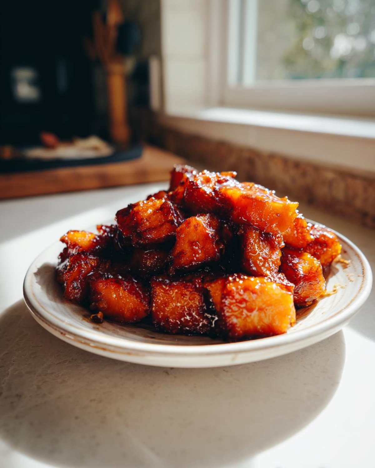 Close-up of glazed, cubed Hot Honey Melting Sweet Potatoes piled high on a small white plate.
