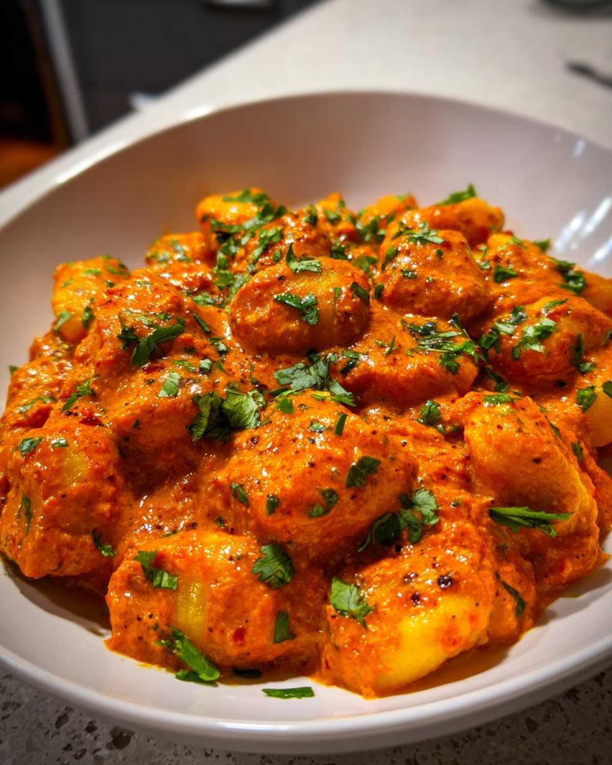 Close-up of Indian-Style Butter Gnocchi coated in a vibrant orange, creamy sauce and garnished with fresh cilantro.
