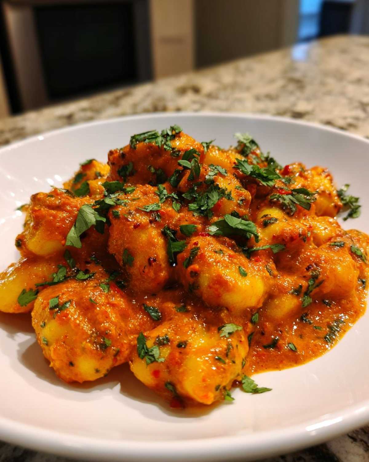 Close-up of Indian-Style Butter Gnocchi coated in a rich, orange-red sauce and topped with fresh cilantro.