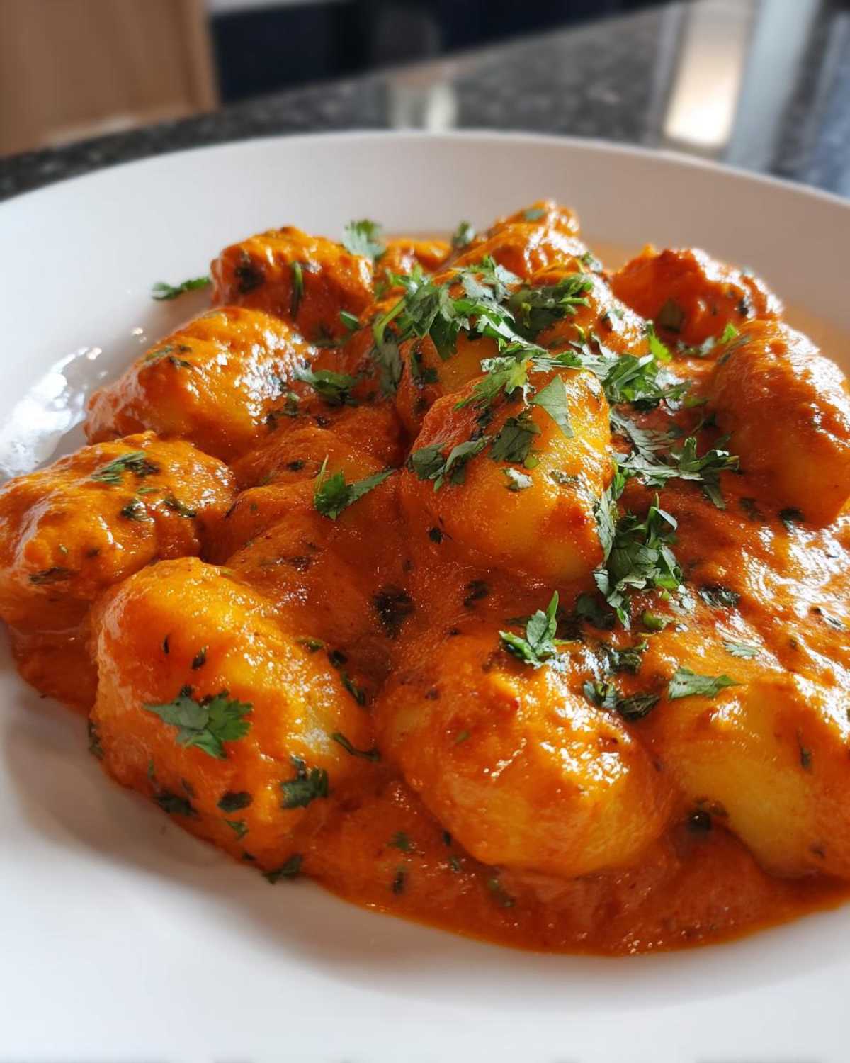 Close-up of plump gnocchi coated in a vibrant orange Indian-Style Butter Gnocchi sauce, garnished with fresh cilantro.