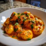 Close-up of soft gnocchi coated in a rich, creamy orange sauce, garnished with fresh cilantro, ready to eat Indian-Style Butter Gnocchi.