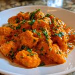 Close-up of tender gnocchi coated in rich, orange sauce, garnished with fresh cilantro, representing Indian-Style Butter Gnocchi.