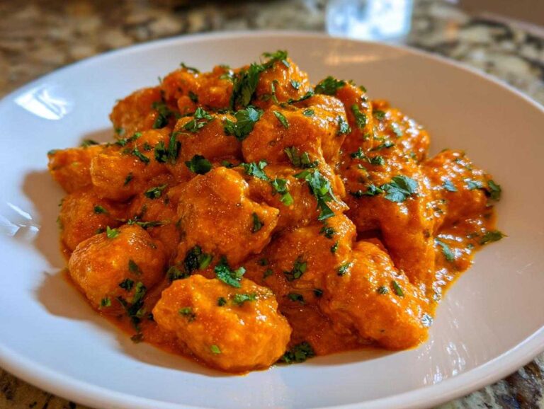 Close-up of tender gnocchi coated in rich, orange sauce, garnished with fresh cilantro, representing Indian-Style Butter Gnocchi.
