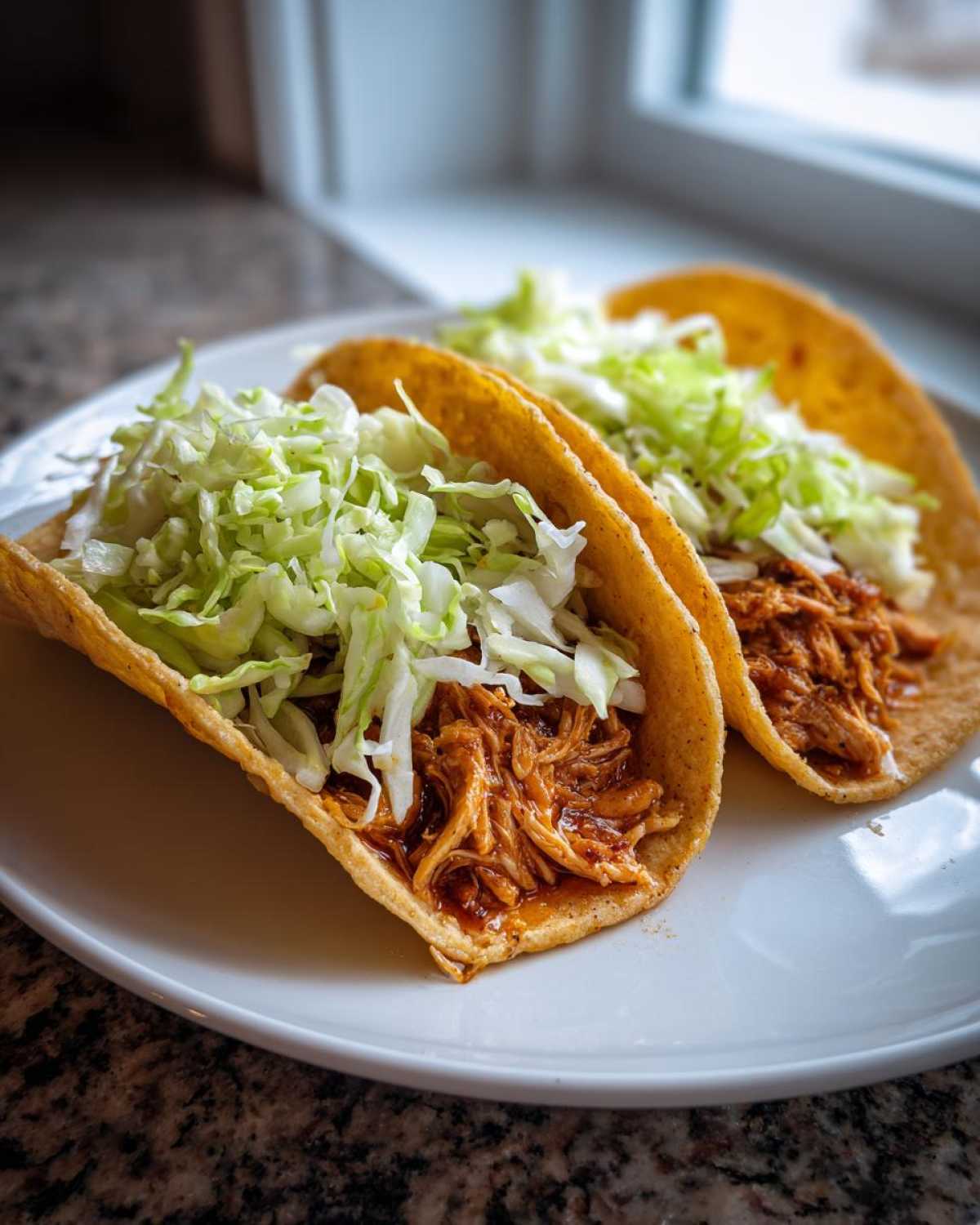 Two crispy tacos filled with saucy shredded chicken and topped generously with shredded cabbage.