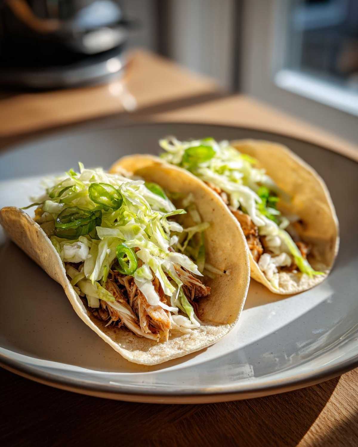Two soft shell Instant Pot Chicken Tacos generously filled with shredded chicken and topped with crisp shredded cabbage and jalapeño slices.