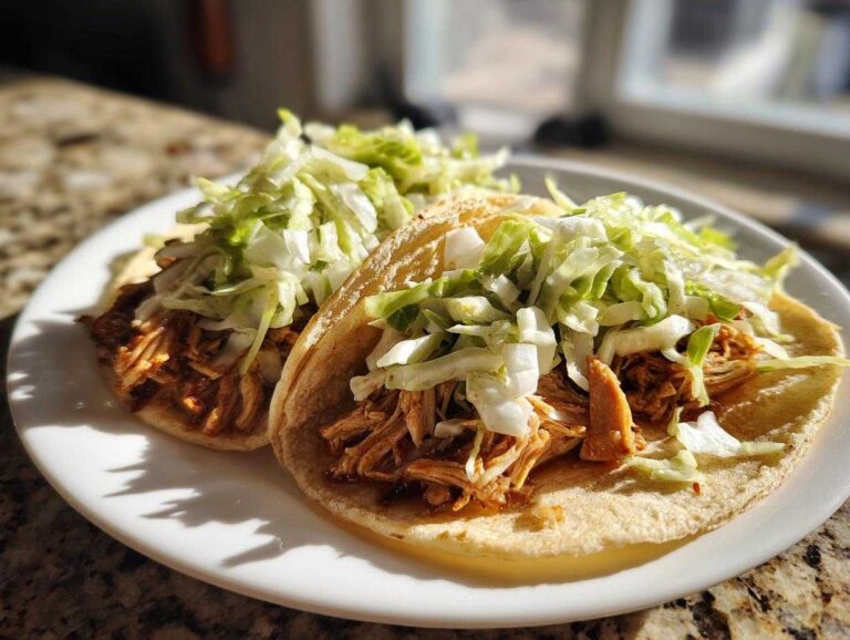Two soft corn tortillas filled with shredded chicken and topped with fresh shredded cabbage for Instant Pot Chicken Tacos.