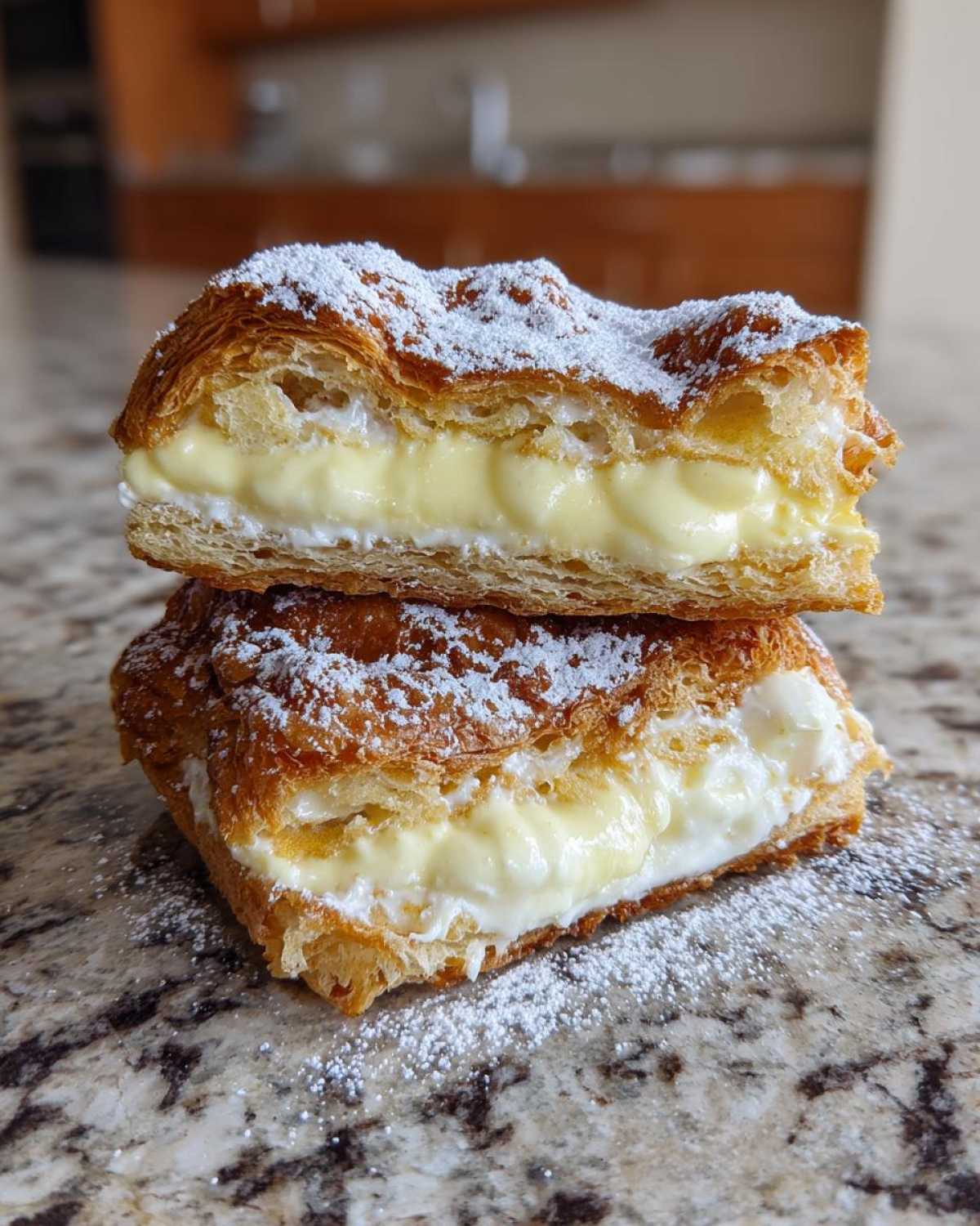 Two stacked pieces of Karpatka Cake showing flaky pastry layers and thick vanilla cream filling, dusted with powdered sugar.