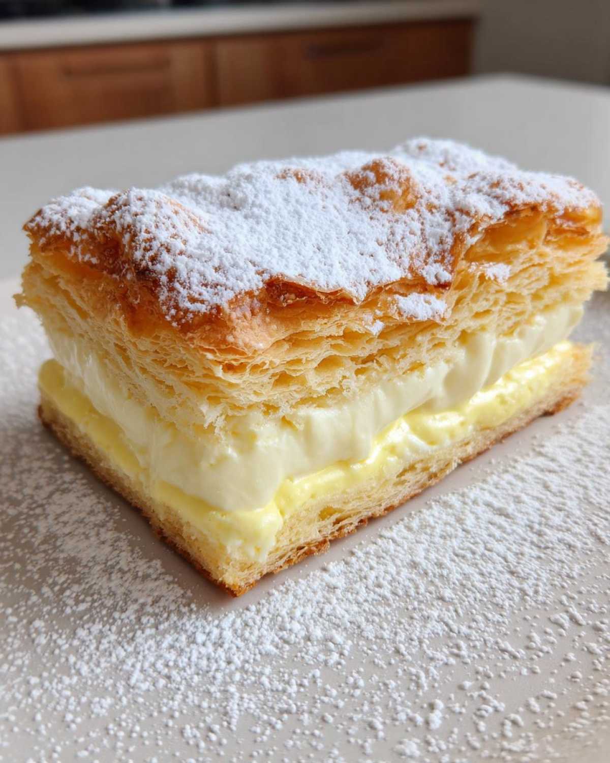 A perfect slice of Karpatka Cake (Polish Cream Cake) showing flaky pastry layers and thick vanilla cream filling, dusted with powdered sugar.
