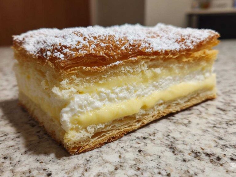 Amazing 1-Hour Karpatka Cake (Polish Cream Cake) Close-up of a thick slice of Karpatka Cake (Polish Cream Cake) showing flaky pastry layers and rich vanilla cream filling, dusted with powdered sugar.