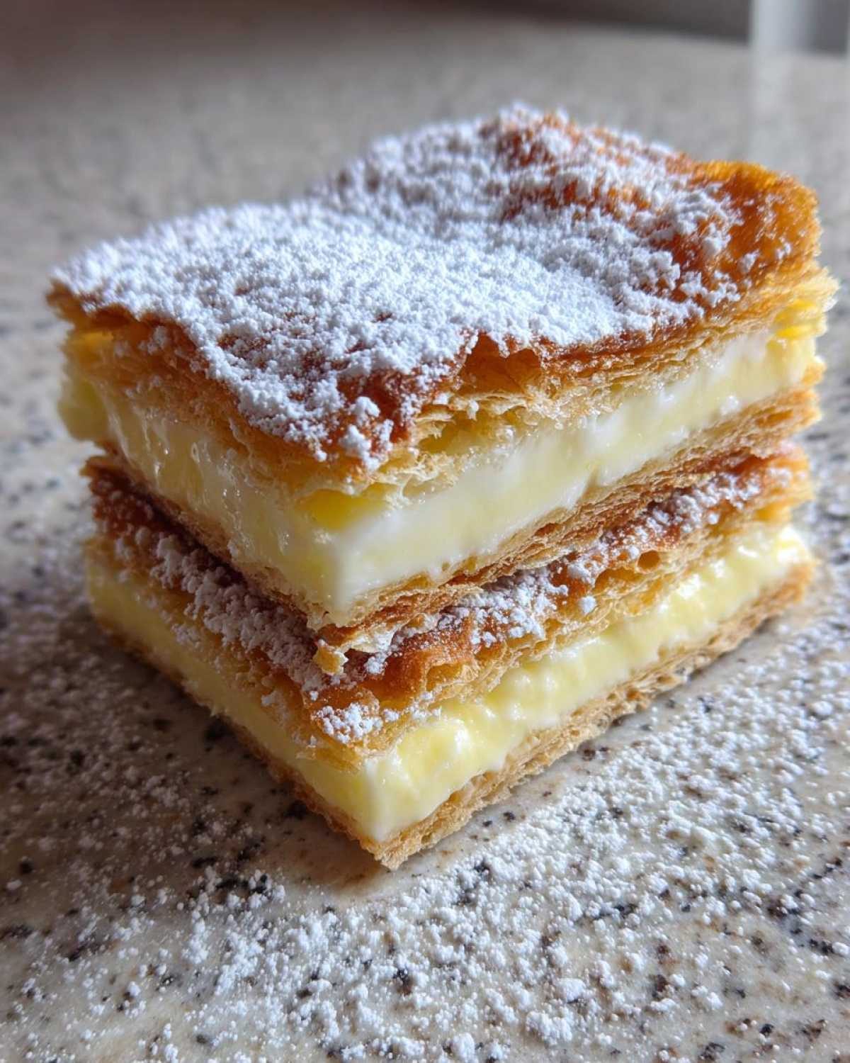 Close-up of a layered slice of Karpatka Cake (Polish Cream Cake) filled with rich custard and dusted heavily with powdered sugar.