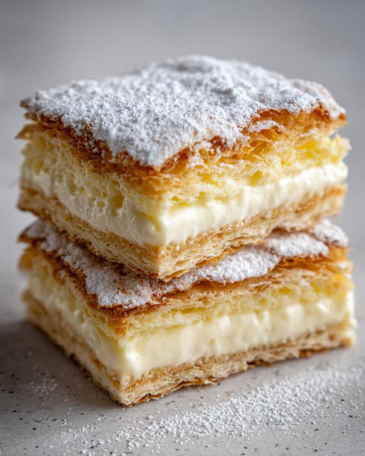 Two stacked squares of Karpatka Cake (Polish Cream Cake) showing flaky pastry layers and thick vanilla cream filling, dusted heavily with powdered sugar.