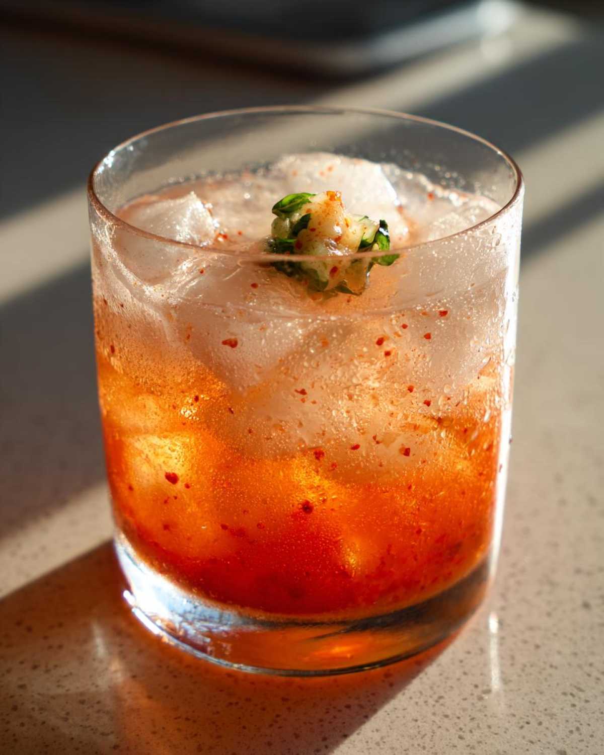 Close-up of a vibrant orange Kimchi Cocktail with fermented cabbage garnish over ice in a rocks glass.