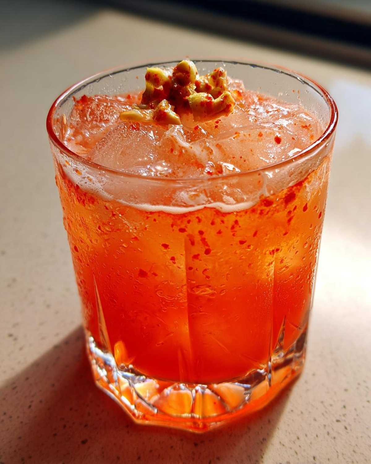 Close-up of a bright orange Kimchi Cocktail with fermented cabbage garnish served over ice in a textured glass.