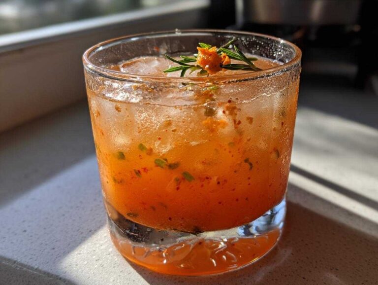 Close-up of a vibrant orange Kimchi Cocktail with Fermented Cabbage, ice, and a rosemary garnish.