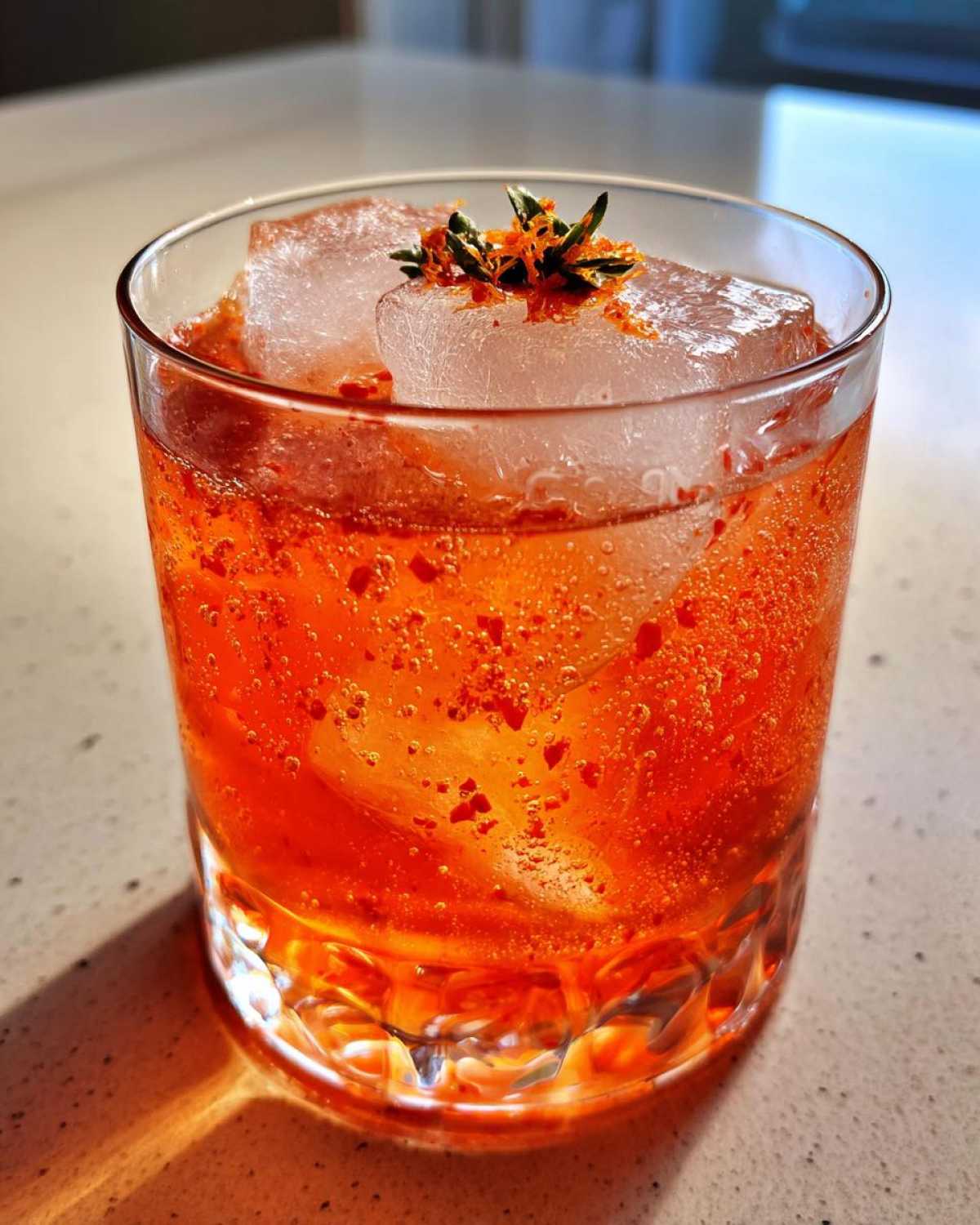 Close-up of a vibrant orange Kimchi Cocktail with fermented cabbage flecks, large ice cubes, and a thyme garnish.