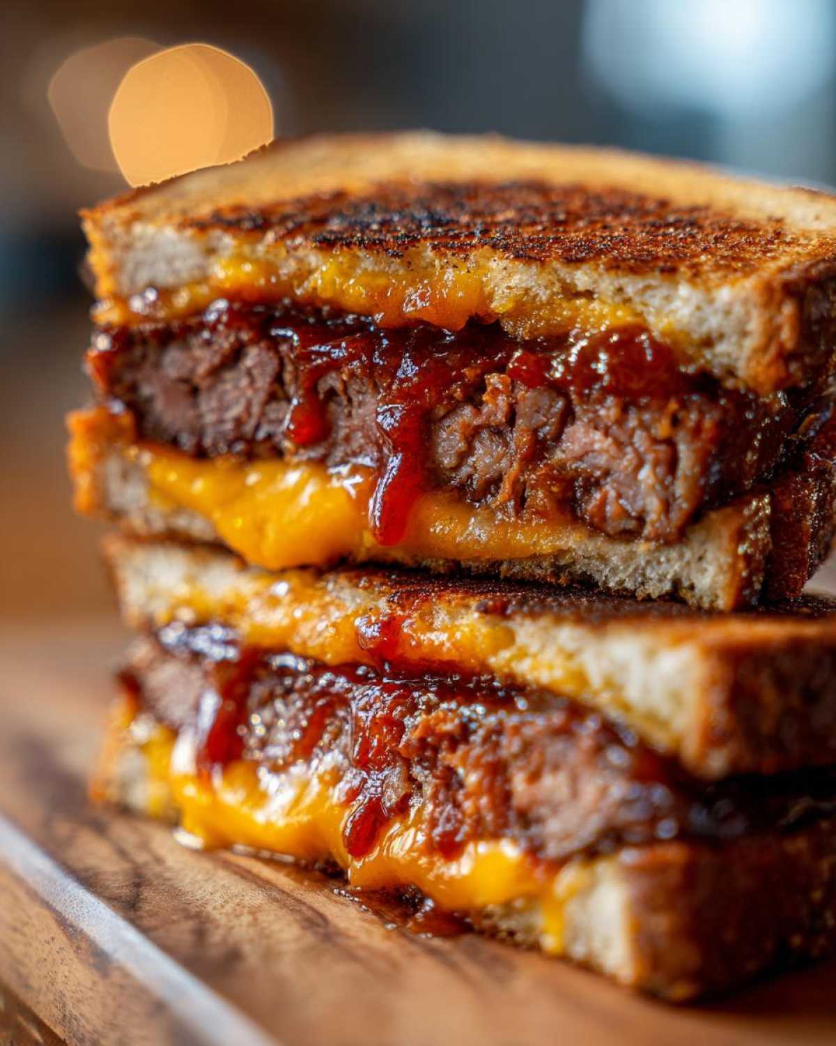 Close-up of a stacked Leftover Meatloaf Sandwich with spicy glaze, melted cheese and dripping spicy glaze on grilled bread.