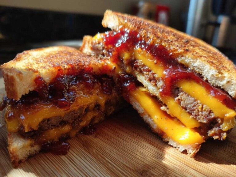 Close-up of a Leftover Meatloaf Sandwich cut in half, showing melted cheddar cheese, meatloaf, and spicy glaze on toasted bread.