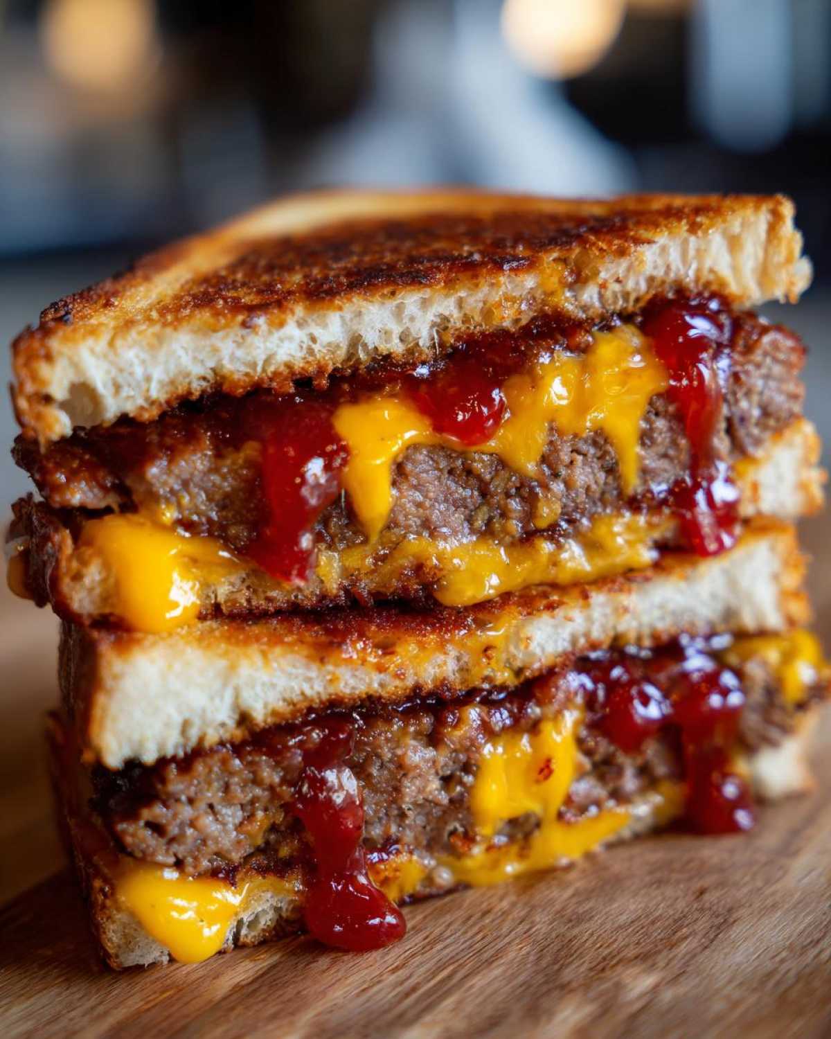 Close-up of a stacked Leftover Meatloaf Sandwich with spicy glaze, melted cheddar cheese, and grilled bread.