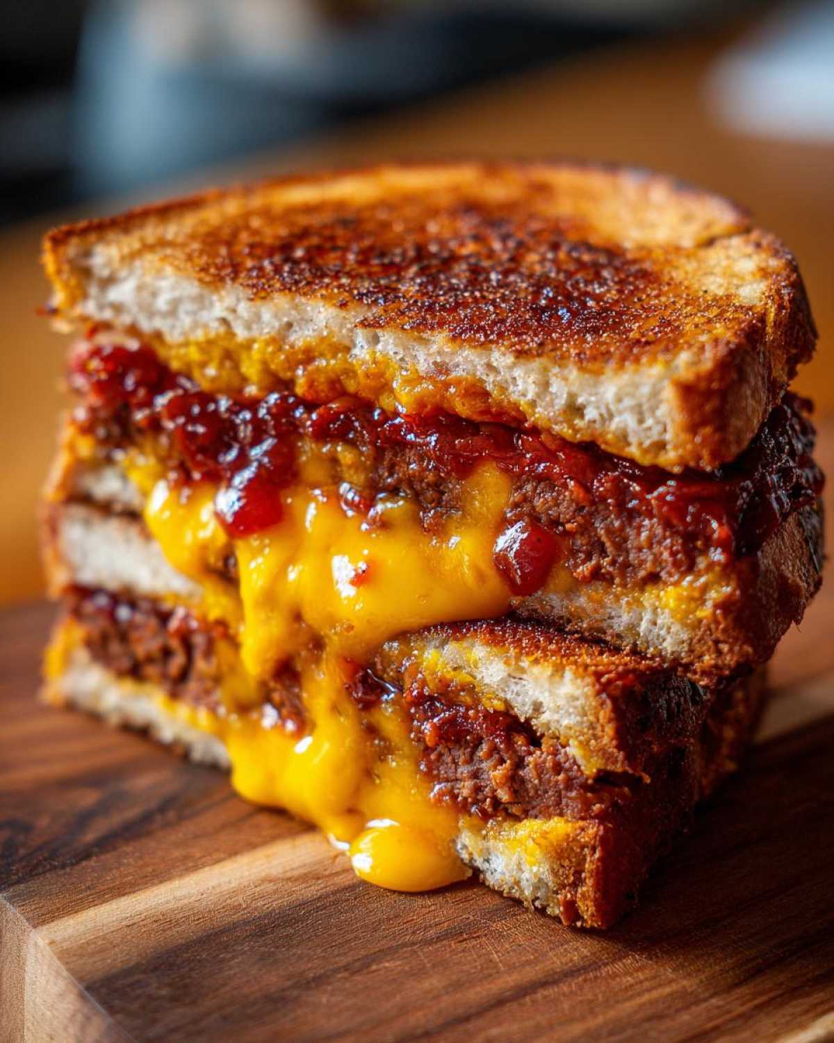 Close-up of a stacked Leftover Meatloaf Sandwich with Spicy Glaze, featuring melted cheddar cheese oozing out.