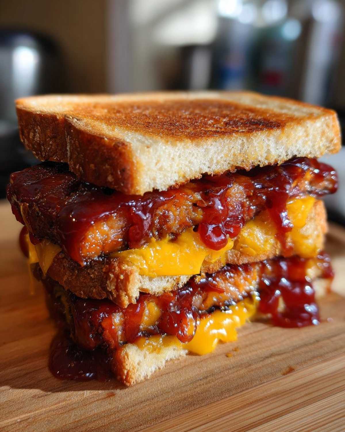 A tall, stacked Leftover Meatloaf Sandwich with spicy glaze dripping over melted cheddar cheese on toasted bread.