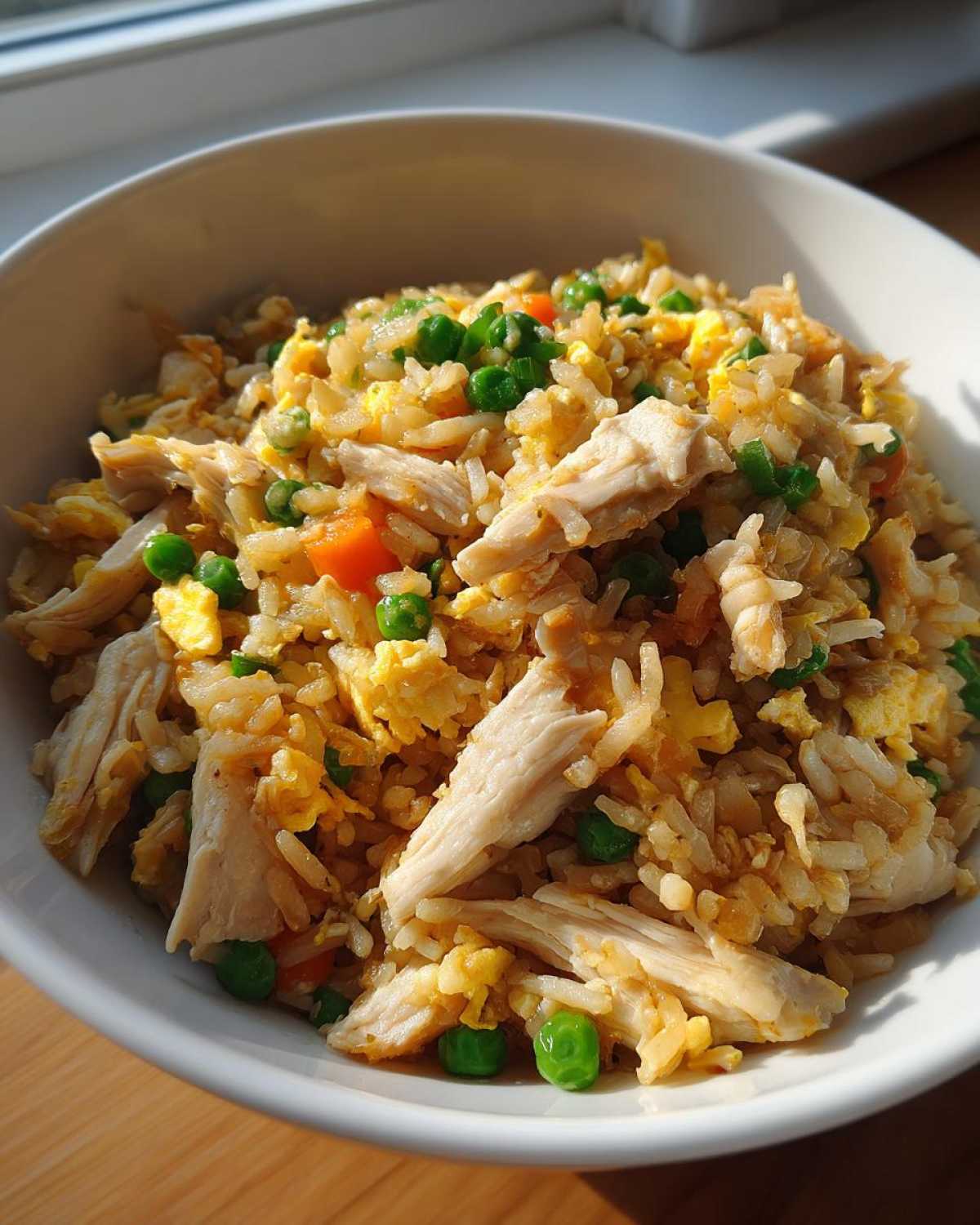 A close-up of a white bowl filled with Leftover Rotisserie Chicken Fried Rice, featuring shredded chicken, peas, carrots, and scrambled egg.