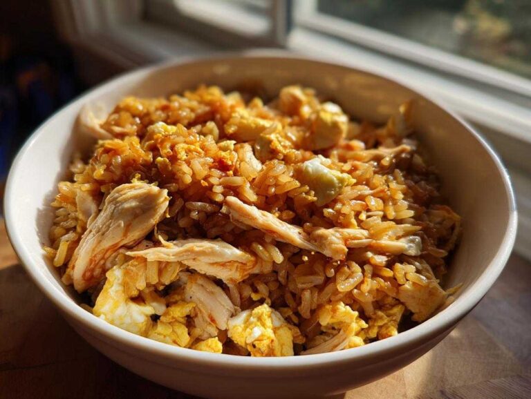 A close-up of a white bowl filled with savory Leftover Rotisserie Chicken Fried Rice and scrambled egg pieces.