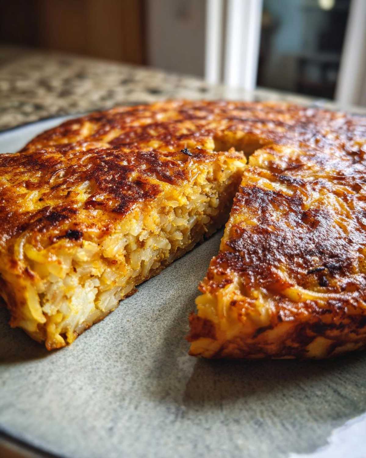 Close-up of a golden brown Leftover Spaghetti Frittata, showing the texture of the cooked spaghetti bound by egg.