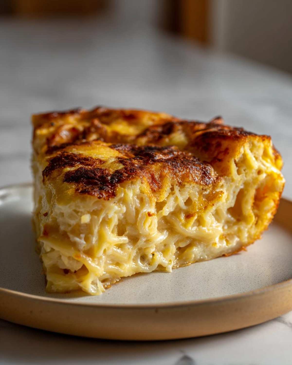 A thick slice of Leftover Spaghetti Frittata showing cooked spaghetti bound in egg and cheese, with a golden-brown, slightly crispy top.