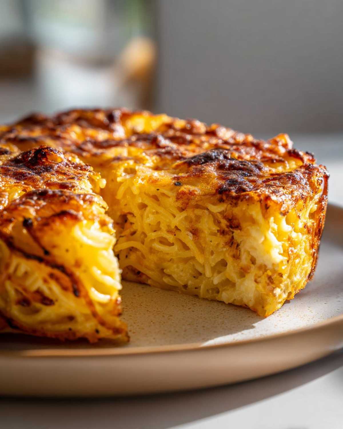 A thick, golden-brown slice of Leftover Spaghetti Frittata showing the texture of the baked pasta within.