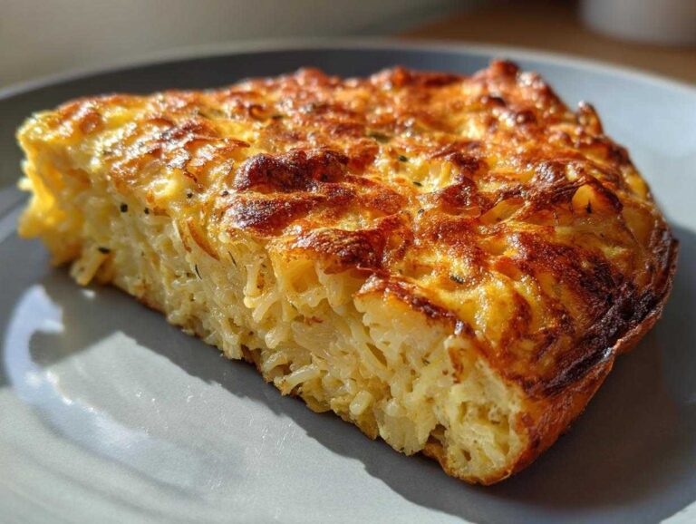 A thick slice of Leftover Spaghetti Frittata showing cooked pasta bound in egg with a deeply browned, cheesy top.