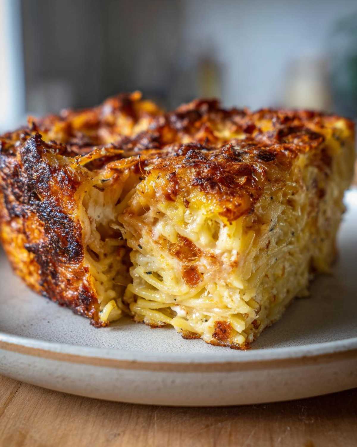 Close-up of a thick slice of Leftover Spaghetti Frittata showing baked pasta layers and a deeply browned, crispy cheese top.
