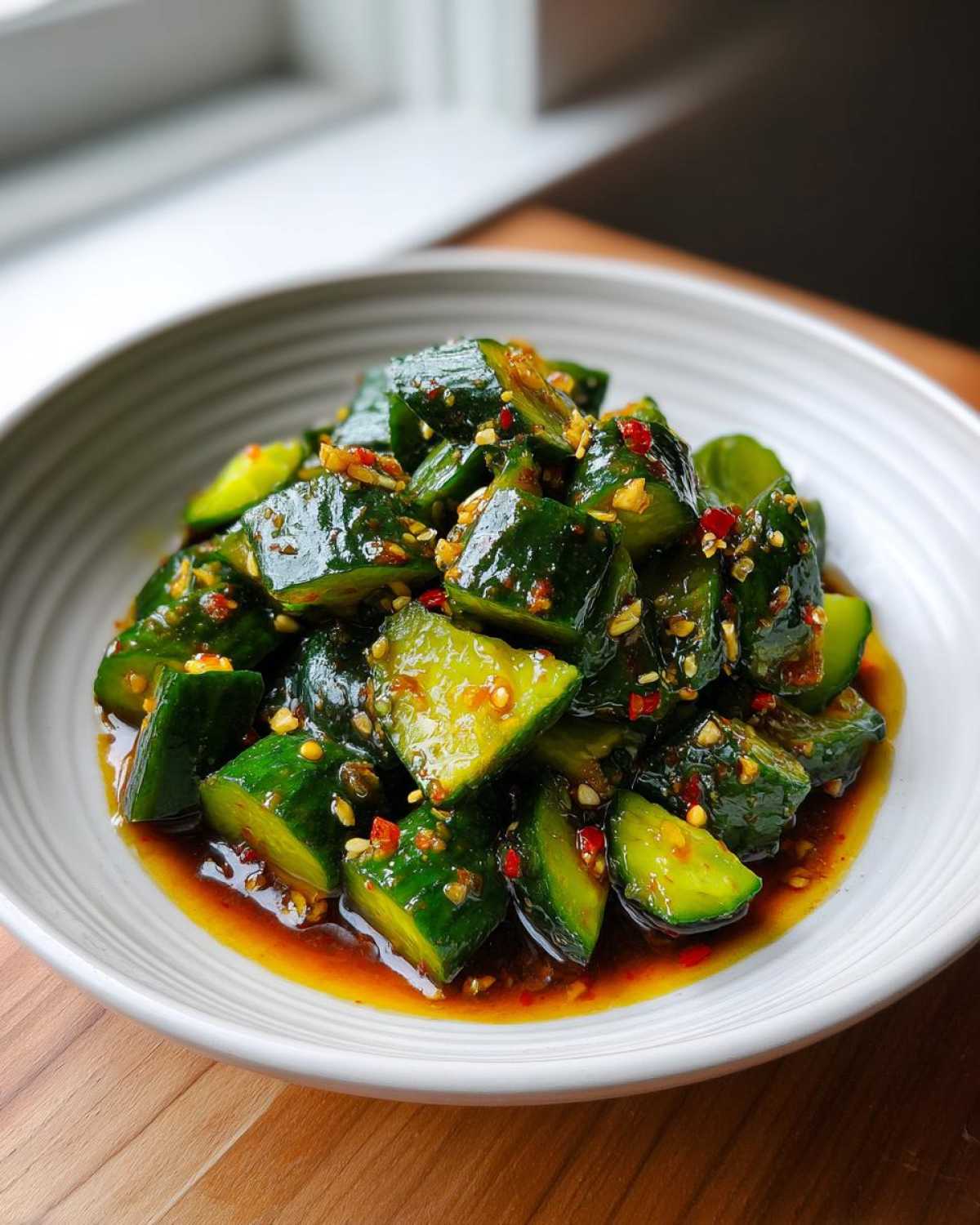 Close-up of chunks of spicy Logan Moffit's Din Tai Fung Cucumber Salad coated in chili oil and garlic.
