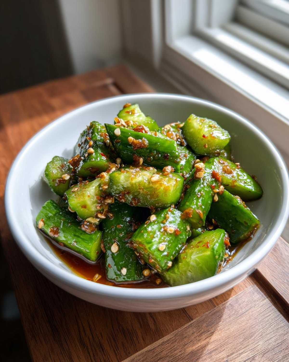 Close-up of Logan Moffit's Din Tai Fung Cucumber Salad, featuring smashed cucumbers coated in spicy chili oil and sesame seeds.