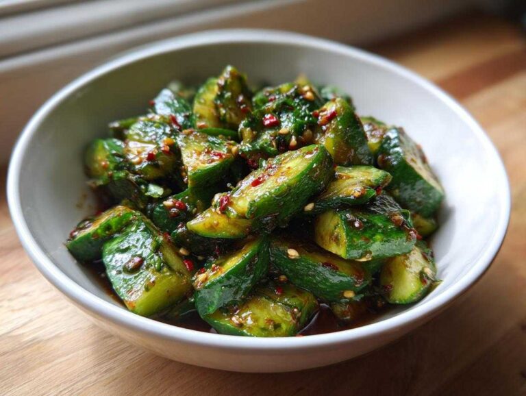 A white bowl filled with smashed, spicy Logan Moffit's Din Tai Fung Cucumber Salad, glistening with dark sauce and chili flakes.