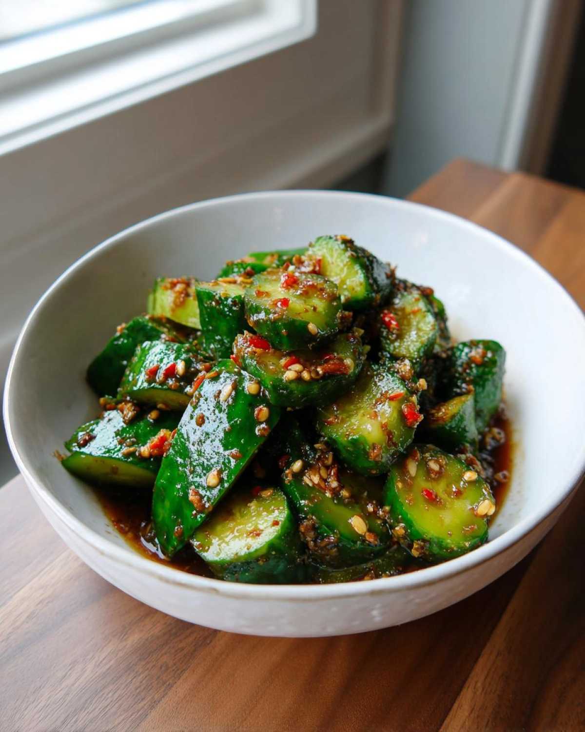 Close-up of vibrant green slices of Logan Moffit's Din Tai Fung Cucumber Salad coated in a dark, savory dressing with sesame seeds and chili flakes.