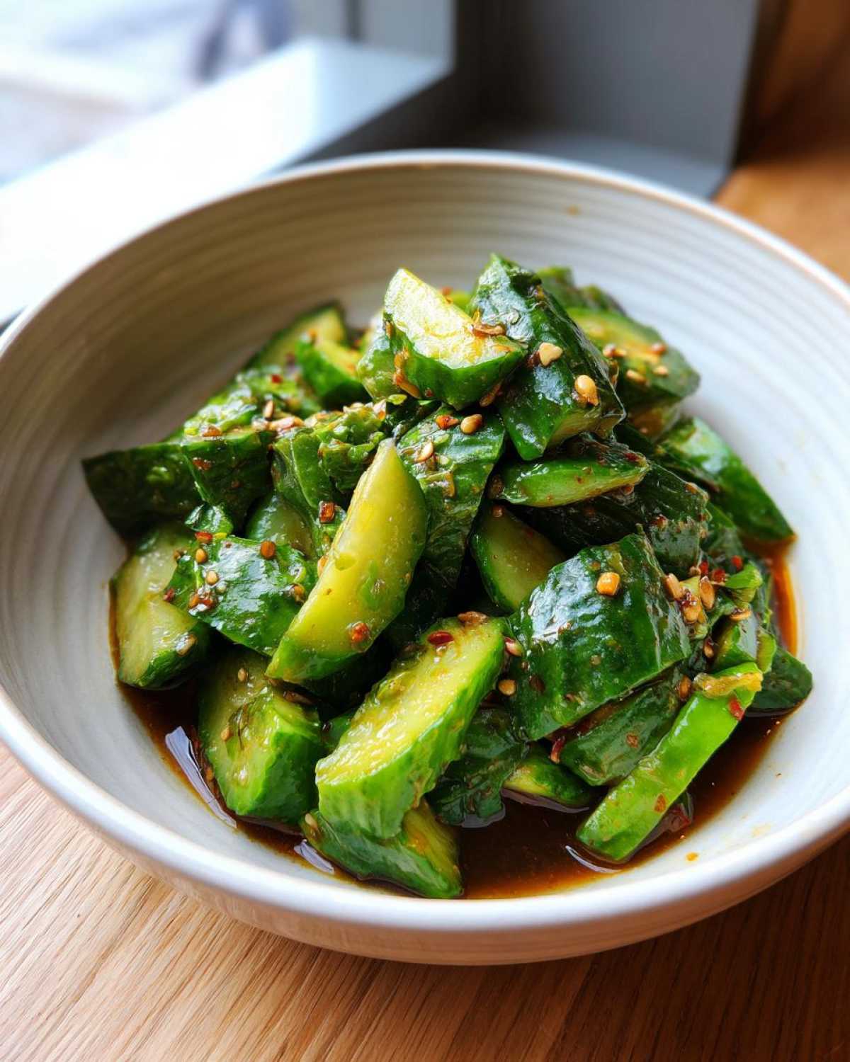 Close-up of Logan Moffit's Din Tai Fung Cucumber Salad, featuring smashed cucumbers tossed in a spicy, savory sauce with chili flakes and sesame seeds.