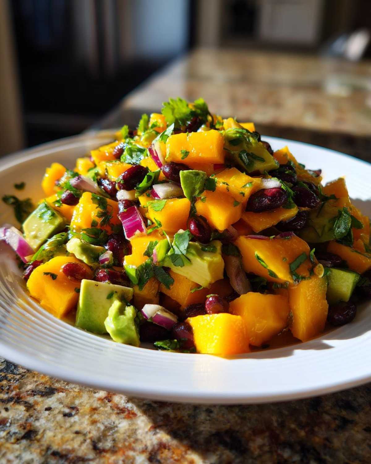 Close-up of vibrant Mango Avocado Salsa with Black Beans, featuring chunks of mango, avocado, red onion, and cilantro.