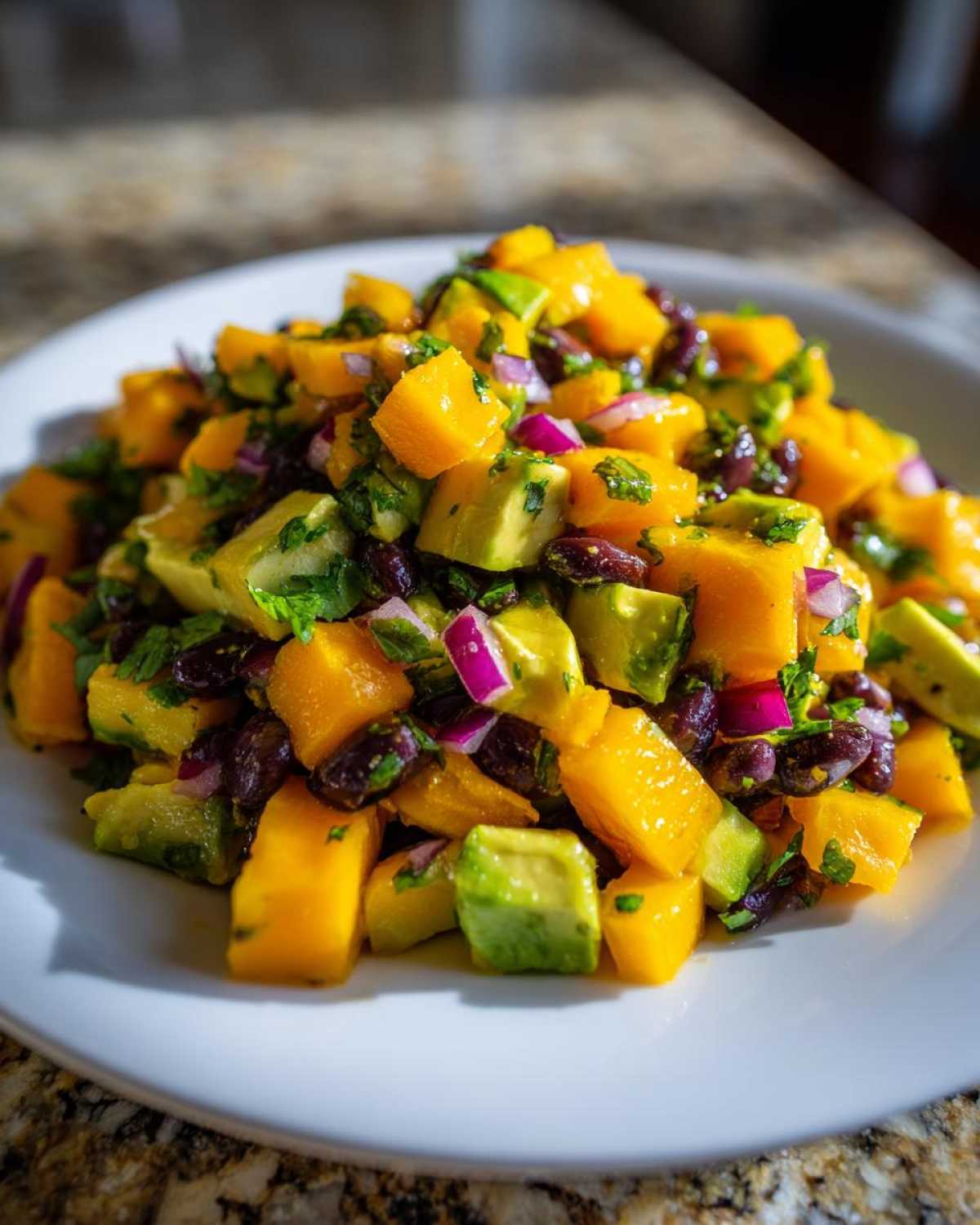 Close-up of vibrant Mango Avocado Salsa with Black Beans featuring diced mango, avocado, red onion, and herbs on a white plate.