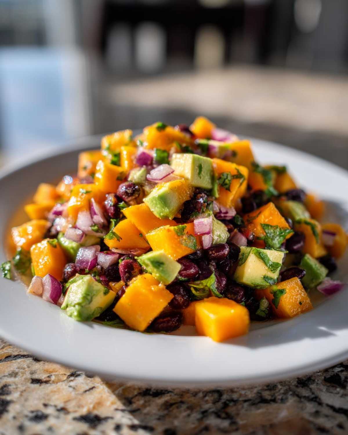 Close-up of vibrant Mango Avocado Salsa with Black Beans, featuring diced mango, avocado, red onion, and black beans on a white plate.