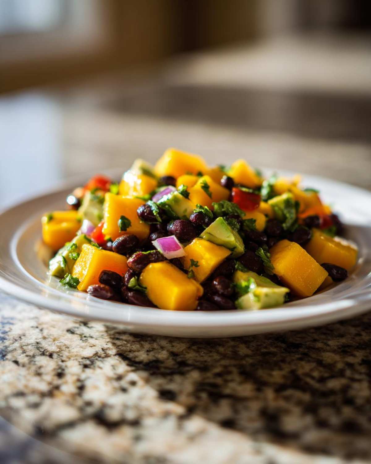 Close-up of vibrant Mango Avocado Salsa with Black Beans, featuring diced mango, avocado, and red onion on a white plate.
