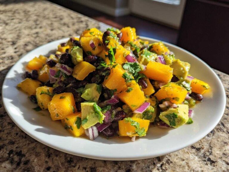 A close-up of a white plate filled with colorful Mango Avocado Salsa with Black Beans, featuring diced mango, avocado, red onion, and cilantro.