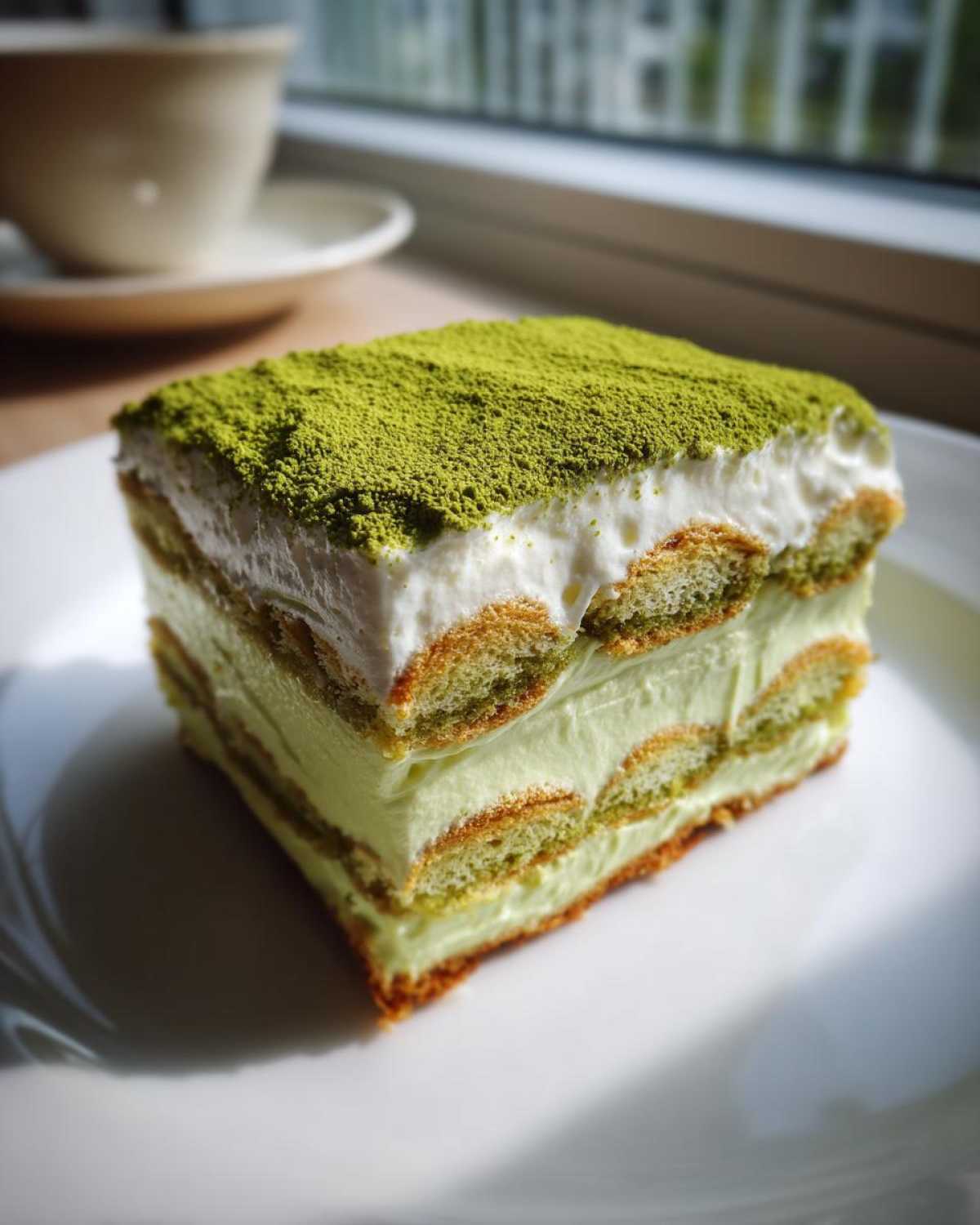 A close-up slice of layered Matcha Tiramisu with Ladyfingers, dusted with green matcha powder.