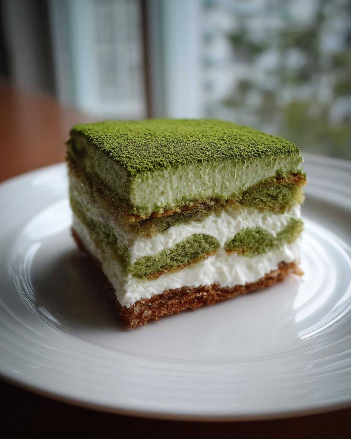 Close-up of a square slice of Matcha Tiramisu with Ladyfingers, showing layers of green cream and white mascarpone.