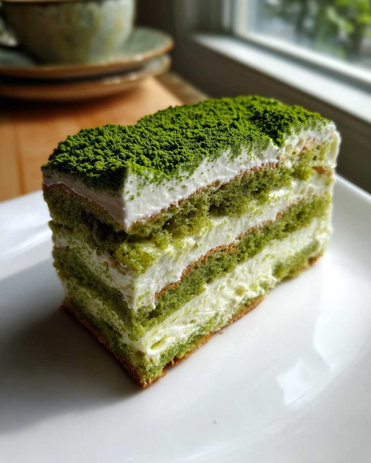 Close-up of a layered slice of Matcha Tiramisu with Ladyfingers, topped with green matcha powder.